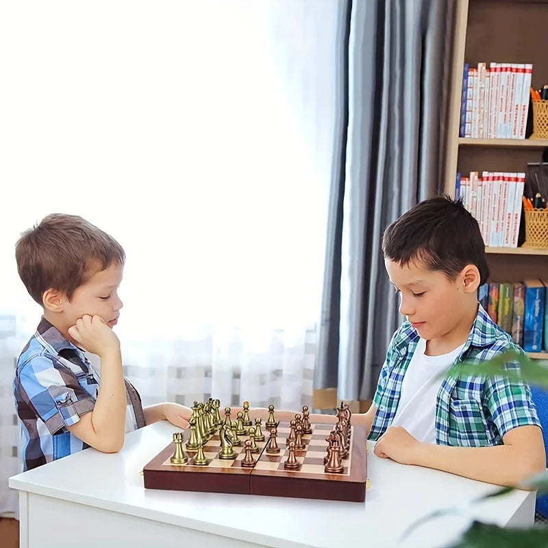 Large Metal Deluxe Chess Retro Copper Plated Alloy Chess Adult Set Board Game Portable Wooden Box Storage Folding Chess Set-EXPROTAS