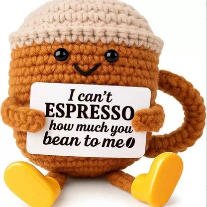 Funny Crochet Emotional Support Coffee Doll Handmade Desk Ornament Gift