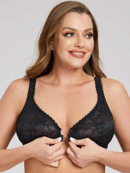 Women’s Front Closure Underwire Bra Unlined Full Coverage Lace