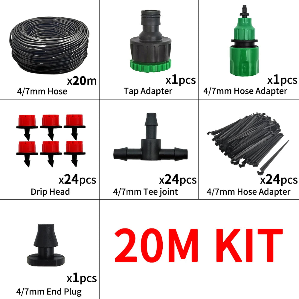 20M Garden Watering Hose Drip Irrigation System Automatic Adjustable Drippers