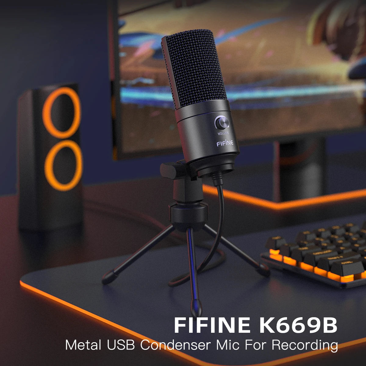 FIFINE K669 USB Condenser Microphone with Gain Knob Metal Recording Mic for PC Laptop