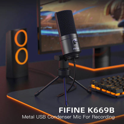 FIFINE K669 USB Condenser Microphone with Gain Knob Metal Recording Mic for PC Laptop