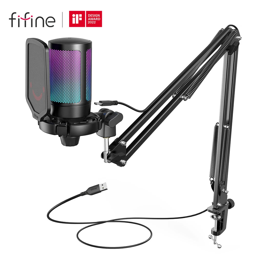 FIFINE USB Gaming Microphone Kit for PC,PS4/5 Condenser Cardioid Mic Set with Mute Button/RGB /Arm Stand,for Streaming Video-A6T-EXPROTAS