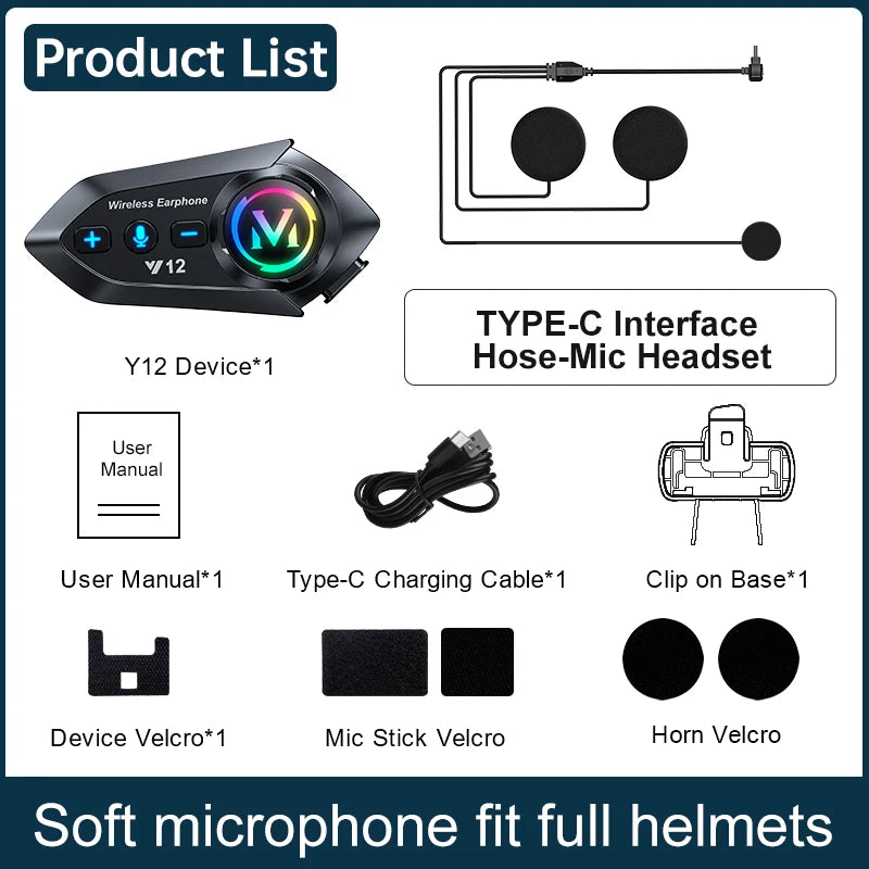 Y12 Motorcycle Helmet Bluetooth Headset Dual Mic FM Radio Waterproof Speaker