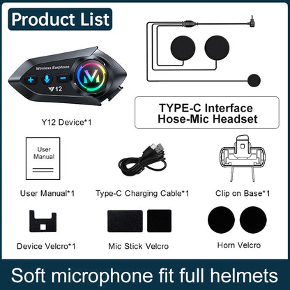 Y12 Motorcycle Helmet Bluetooth Headset Dual Mic FM Radio Waterproof Speaker