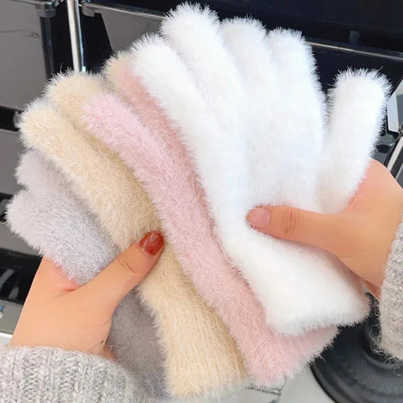 Warm Women Mink Velvet Finger Gloves Plush Five Finger Mittens Winter