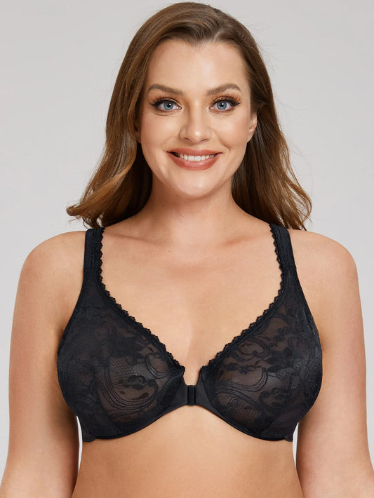 Women’s Front Closure Underwire Bra Unlined Full Coverage Lace