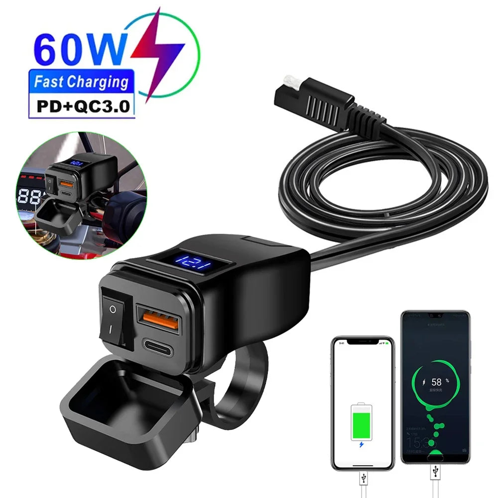 Dual USB Socket Motorcycle Charger 60W Waterproof PD QC3.0 Voltmeter Handlebar