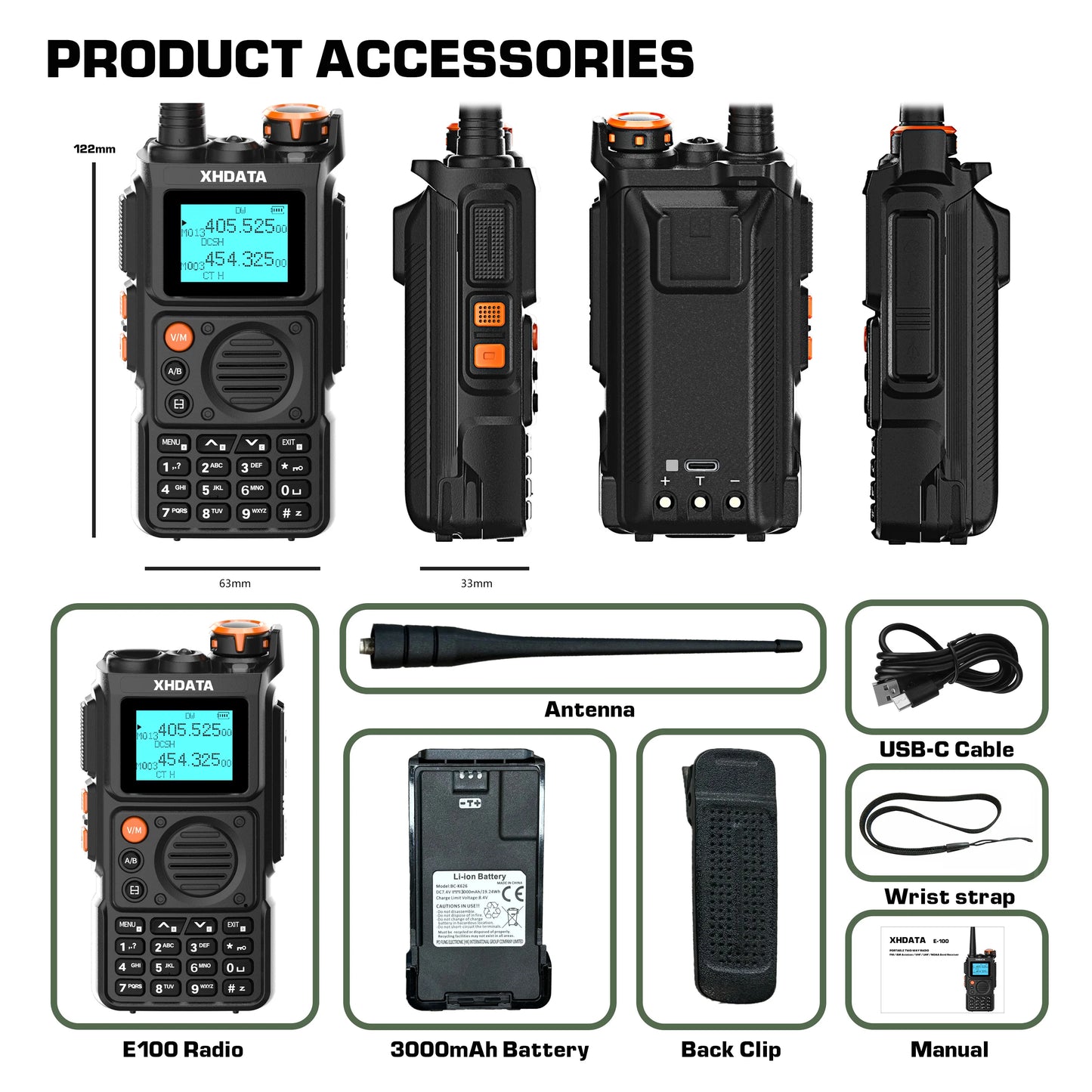 XHDATA E-100 UHF VHF Ham Radio Walkie Talkie Long Range Type-C Charging Frequency Clone - EXPROTAS
