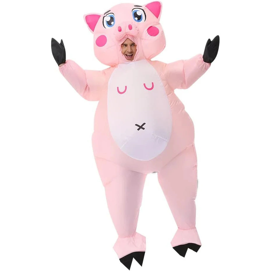Inflatable Costume Pink Pig Fancy Dress for Adults Halloween Cosplay Jumpsuit