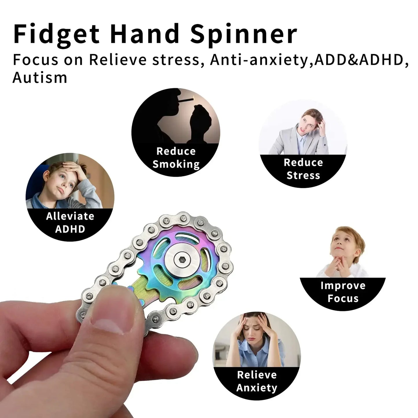 Metal Gear Fidget Spinner Chain Hand EDC Toy for Adults Stress Relief ADHD