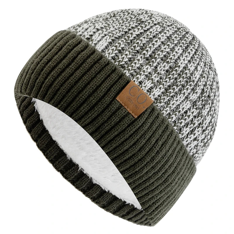Unisex Two-tone Winter Hats Fur Lined Warm Beanie Cap for Men Women