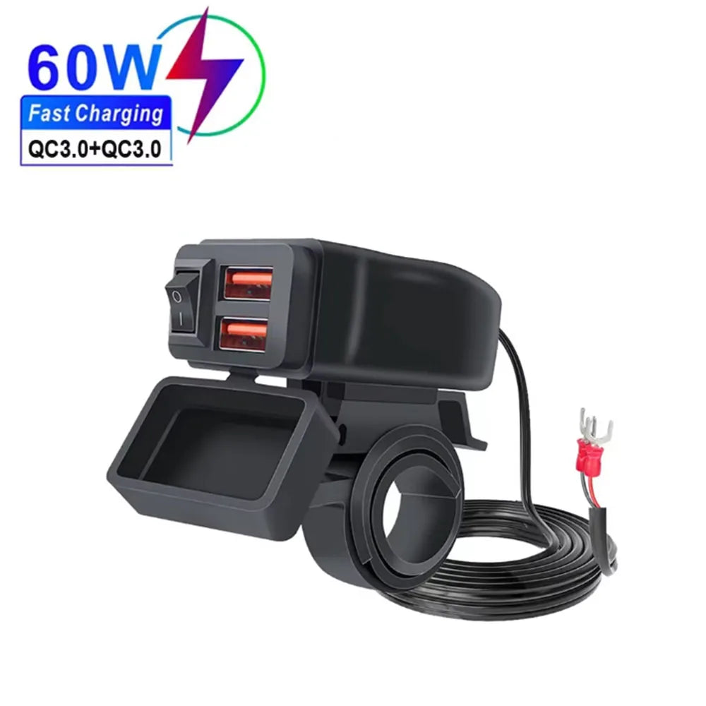 Dual USB Socket Motorcycle Charger 60W Waterproof PD QC3.0 Voltmeter Handlebar