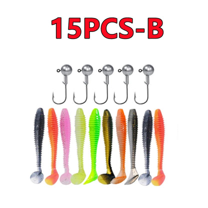 15PC Soft Fishing Lures with Jig Head Hook for Freshwater & Saltwater Bait