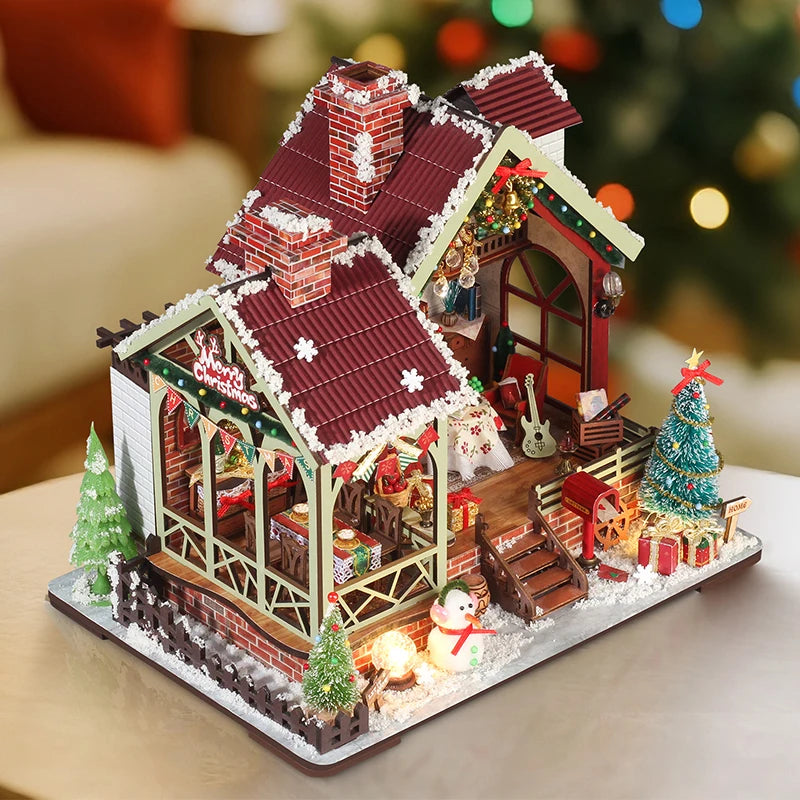 DIY Wooden Dollhouse Christmas Lodge Miniatures with LED Lights Assembly Model Gift - EXPROTAS