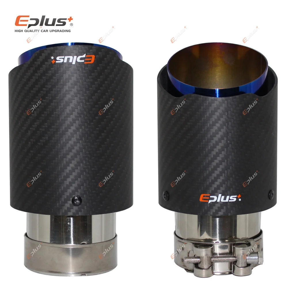 EPLUS Matte Carbon Fiber Exhaust Tip Stainless Blue Universal Muffler Pipe