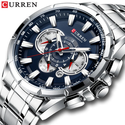 Stainless Steel Curren Mens Quartz Watch Luminous Waterproof Big Dial