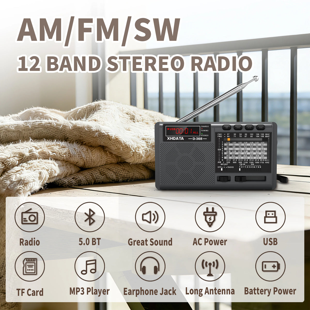 USB Rechargeable Battery Portable XHDATA Radio FM AM SW MP3 Player