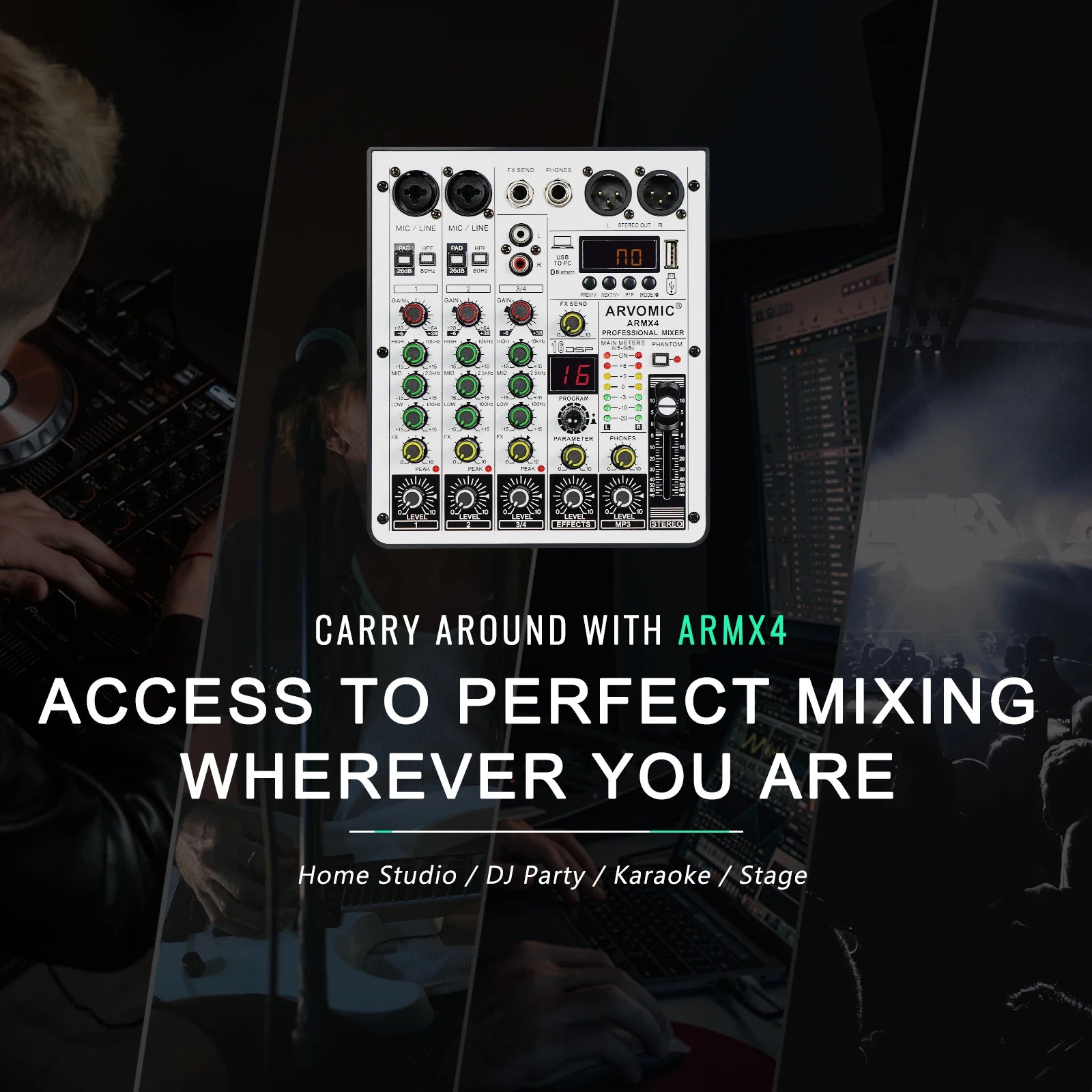 4-Channel Audio Mixer, ARVOMIC DJ Mixer with USB Audio Interface, Bluetooth Function, 16 DSP Effects, and 3-Band EQ (ARMX-4)-EXPROTAS