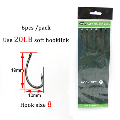 6pcs Carp Fishing Ready Tied Hair Rigs Hook Lines Size 2# 4# 6# 8# Tackle Set