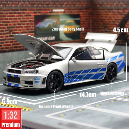 1/32 Nissan Skyline GTR R34 Diecast Model Car Sound Light JDM Toy Kids