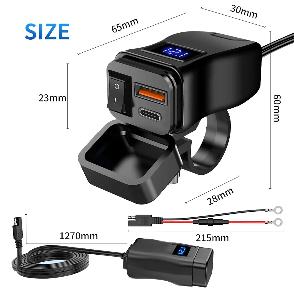 Dual USB Socket Motorcycle Charger 60W Waterproof PD QC3.0 Voltmeter Handlebar