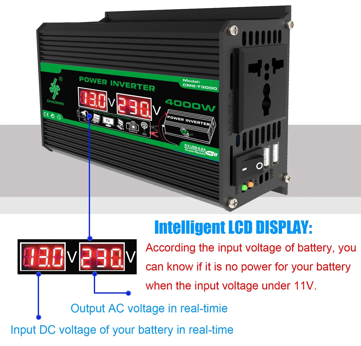 4000W 12V DC to 110/220V AC Power Inverter Dual USB LCD Camping RV