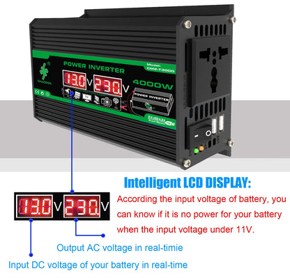 4000W 12V DC to 110/220V AC Power Inverter Dual USB LCD Camping RV