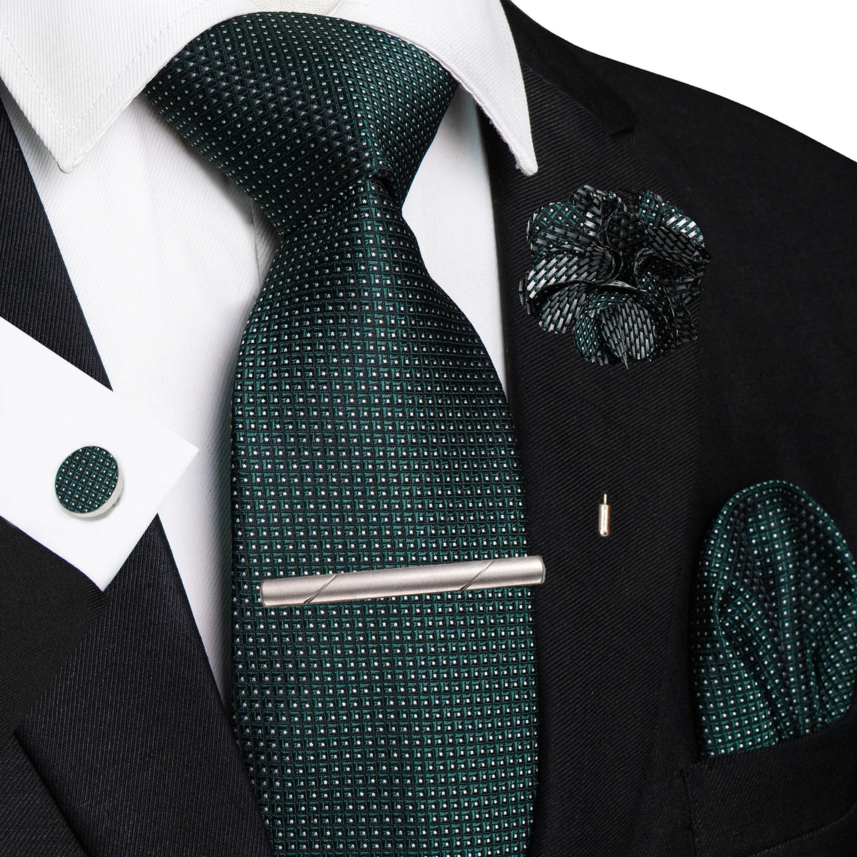 Men's Plaid Tie Clip Set with Pocket Square Cufflinks Wedding Accessories