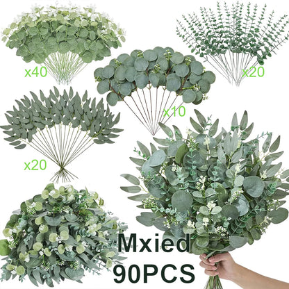 50/90PCS Artificial Eucalyptus Flowers Home Decor Fake Leaf Green Stems