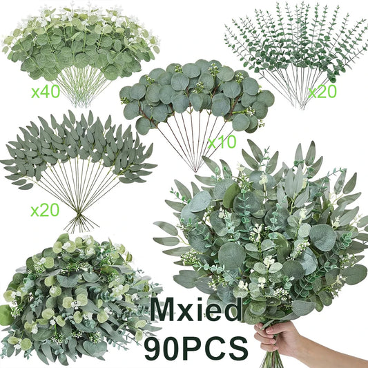 50/90PCS Artificial Eucalyptus Flowers Home Decor Fake Leaf Green Stems
