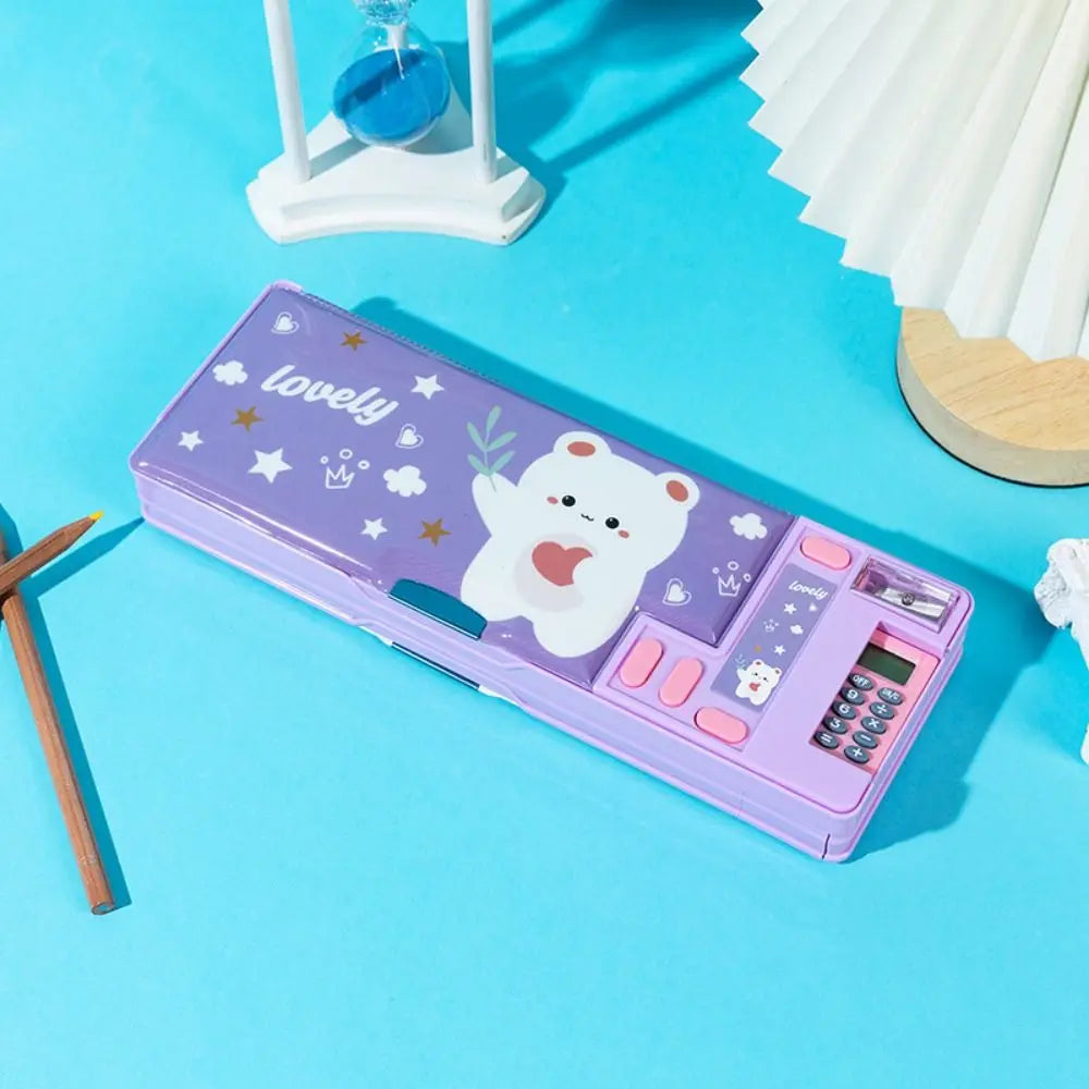 Double Layer Pencil Case with Calculator Sharpener Storage Box for School