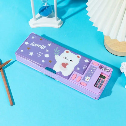 Double Layer Pencil Case with Calculator Sharpener Storage Box for School
