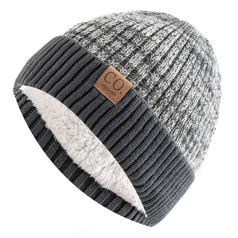 Unisex Two-tone Winter Hats Fur Lined Warm Beanie Cap for Men Women
