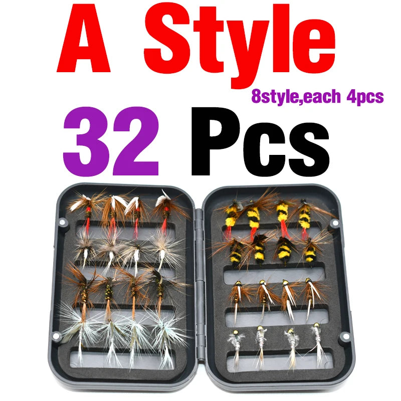 32Pcs Fly Box Assorted Fishing Flies Nymphs Dry Wet Streamers Lures