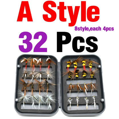 32Pcs Fly Box Assorted Fishing Flies Nymphs Dry Wet Streamers Lures