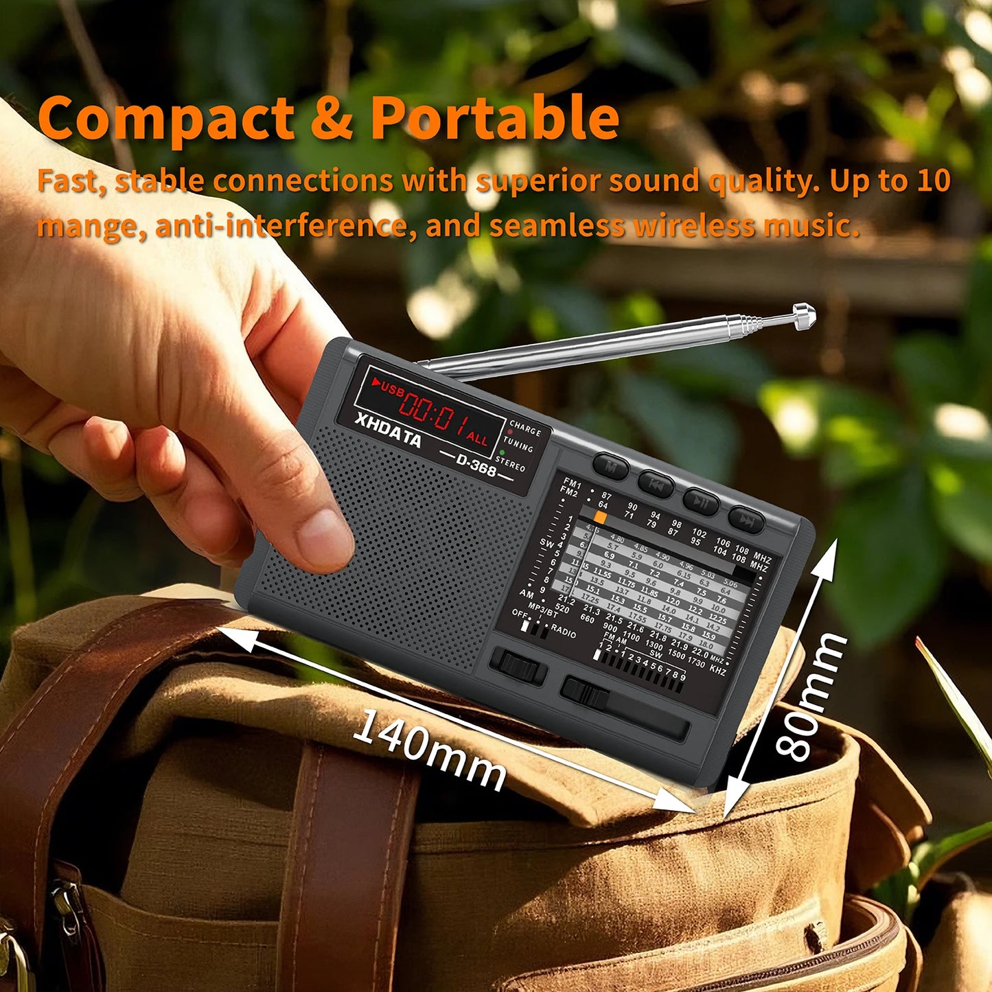XHDATA D-368 Portable Stereo Radio FM AM SW Bluetooth MP3 Player TF USB Rechargeable - EXPROTAS