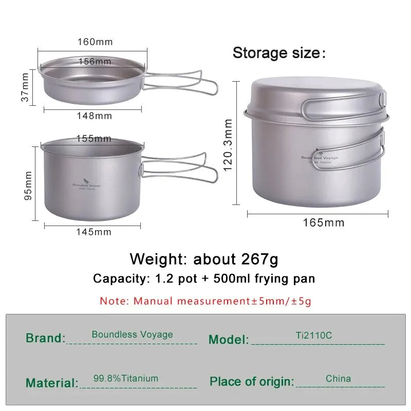 Boundless Voyage Titanium Pot Pan Set with Folding Handles Camping Cookware Hiking Outdoor Tableware-EXPROTAS