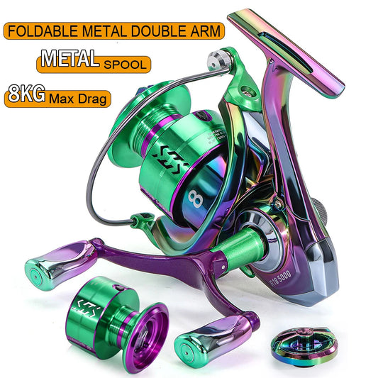 Sougayilang Spinning Fishing Reel 5.0:1 Gear Ratio 8kg Max Drag Metal Spool Foldable Double Arm Freshwater Saltwater