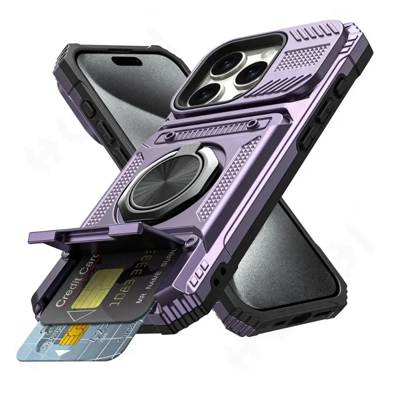 iPhone 11-16 Pro Max Ring Kickstand Wallet Case Heavy Duty Shockproof Cover