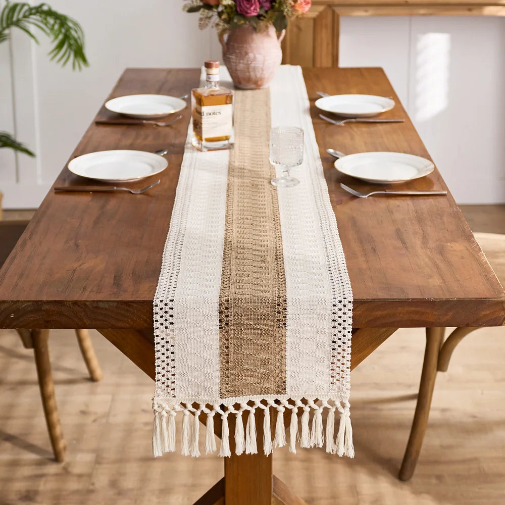 Boho Table Runner Macrame Cream Brown Tassels Farmhouse Home Decor