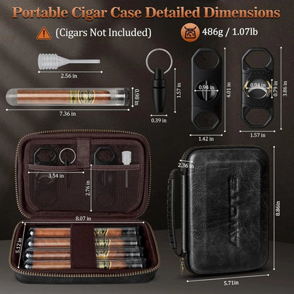 Leather Cigar Case Portable Travel Bag with 4 Tubes and Accessories