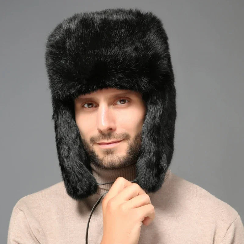 Winter Russian Man Woman Wholeskin Faux Rex Rabbit Fur Hats Luxury Faux Sheep Skin Leather Cap Fur Bomber Hat Ushanka Hats-EXPROTAS