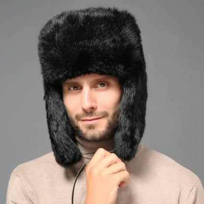 Winter Russian Man Woman Wholeskin Faux Rex Rabbit Fur Hats Luxury Faux Sheep Skin Leather Cap Fur Bomber Hat Ushanka Hats-EXPROTAS