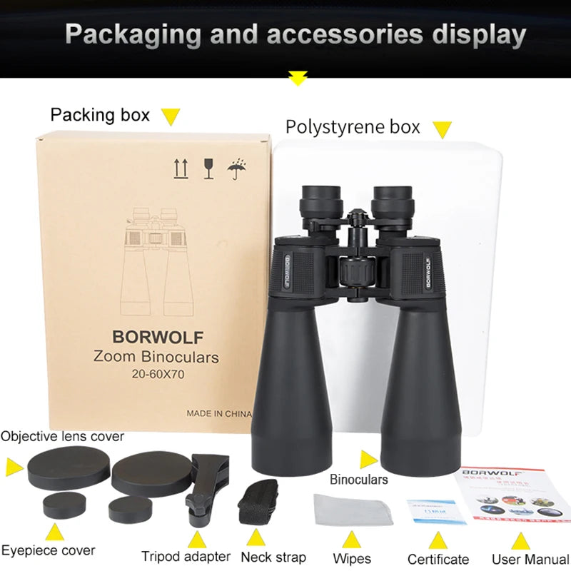 BORWOLF 20-60X70 Binoculars High Magnification  Long Range Zoom 60 Times  Hunting   Astronomical Telescope HD Professiona  Zoom-EXPROTAS