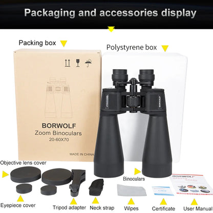 BORWOLF 20-60X70 Binoculars High Magnification  Long Range Zoom 60 Times  Hunting   Astronomical Telescope HD Professiona  Zoom-EXPROTAS