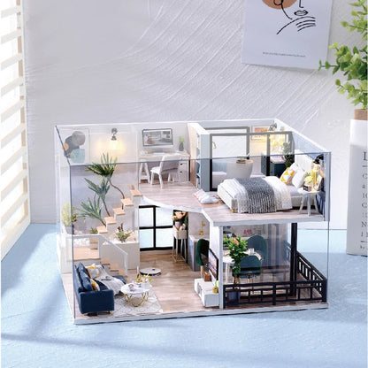 Wooden Miniature Duplex Dollhouse DIY 3D Puzzle Kit with Furniture LED Decoration Gift - EXPROTAS