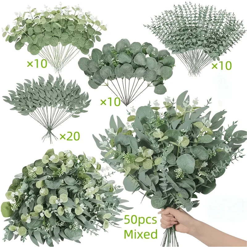 50/90PCS Artificial Eucalyptus Flowers Home Decor Fake Leaf Green Stems