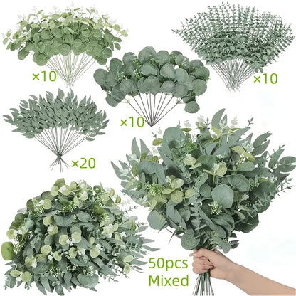 50/90PCS Artificial Eucalyptus Flowers Home Decor Fake Leaf Green Stems