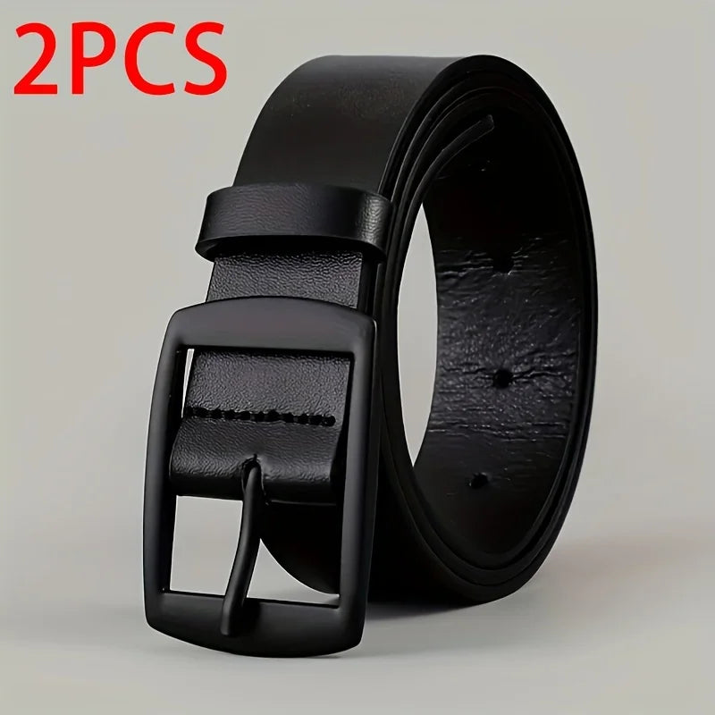 2PC PU Leather Belt for Men Luxury Metal Pin Buckle Jeans Waist Strap